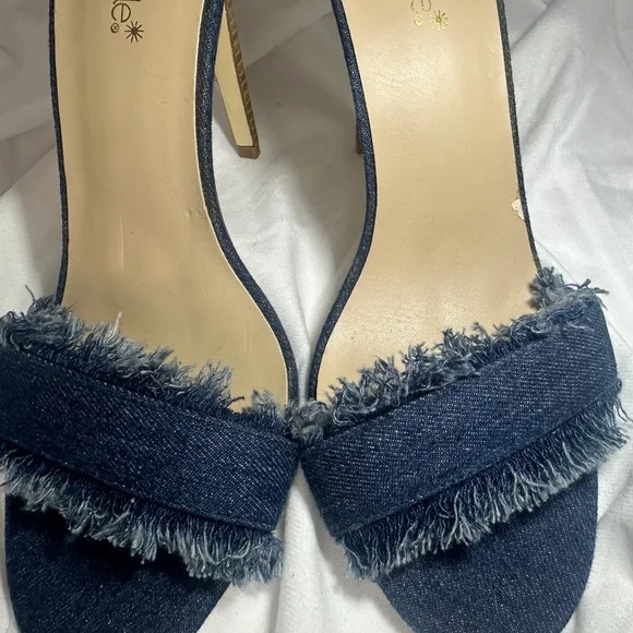 Retro Sexy Denim Fringe High Stiletto Heels Open Pointed Toe Sandals Sz 11 - Picture 6 of 12